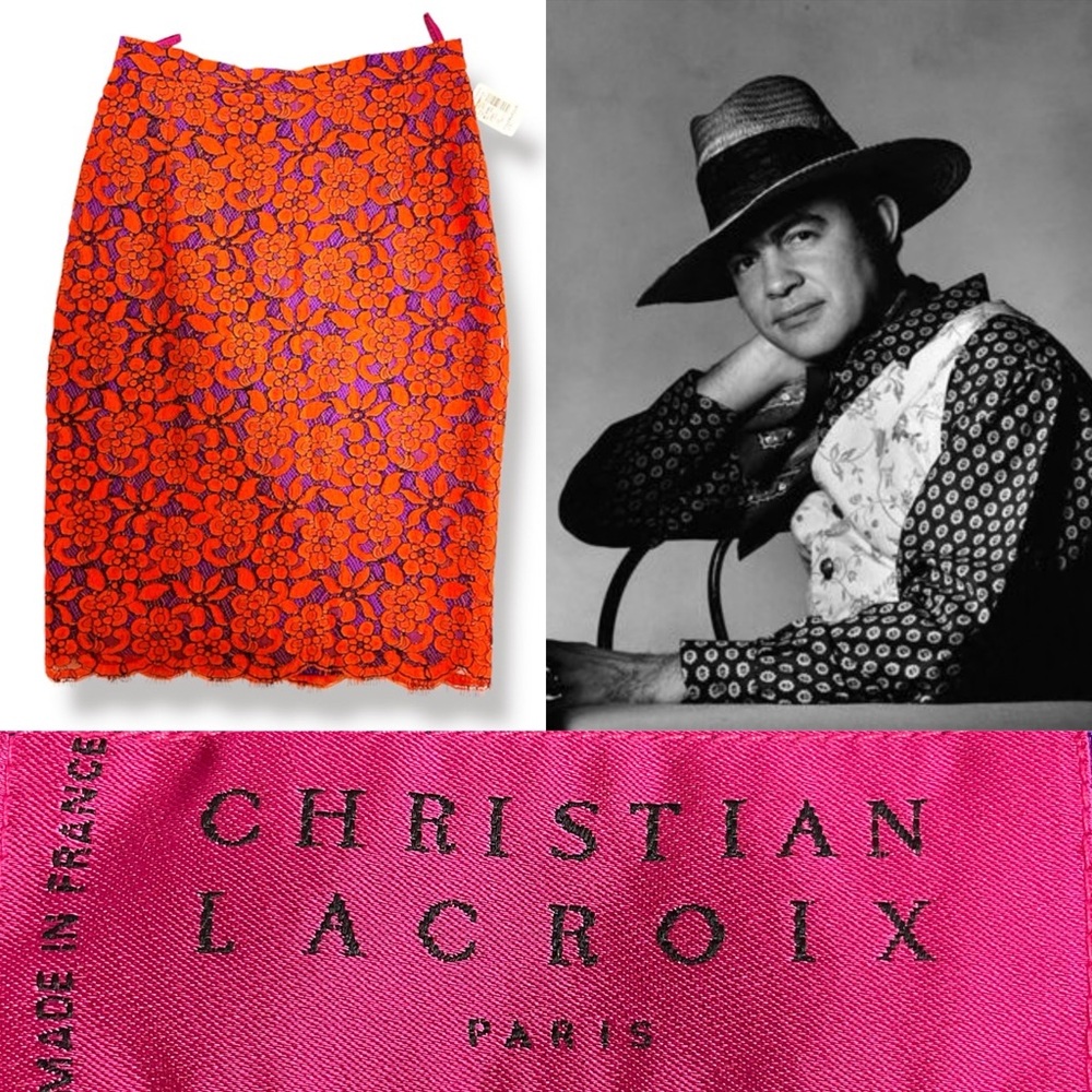 Vintage Deadstock Christian Lacroix Orange and Purple Lace Floral Pencil Skirt